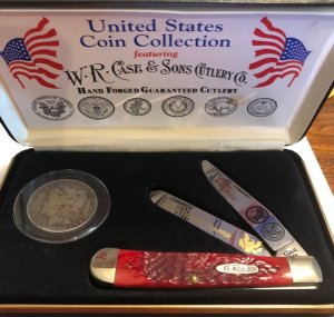 Case xx Silver Dollar Red Bone Trapper and 1900 Morgan Silver Dollar