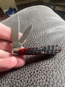 1965-69 CASE XX USA 6229 1/2 Red Bone Handle  Tadpole With Two Blades Plus Brass Pims & Liners