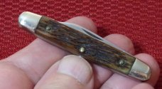 VINTAGE QUEEN BIG Q STAMP 1945-1955 #5 PEN KNIFE RODGERS BONE IN OLD POUCH VINTAGE QUEEN BIG Q STAMP 1945-1955 #5 PEN KNIFE RODGERS BONE IN OLD POUCH
