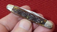 VINTAGE QUEEN BIG Q STAMP 1945-1955 #5 PEN KNIFE RODGERS BONE IN OLD POUCH VINTAGE QUEEN BIG Q STAMP 1945-1955 #5 PEN KNIFE RODGERS BONE IN OLD POUCH