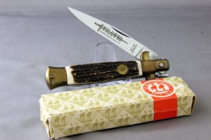 KISSING CRANE KC46 Locking Stiletto Folding Knife, Stag Handles, Original Box, Free Shipping