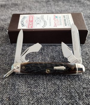 Schatt & Morgan Scout 044221. Beautiful Jigged Brown Bone handles. 1 of 100 made. 3 1/4" closed. NIB