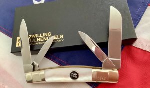 J A Henckels Congress Knife w/ Beauty Mother of Pearl Handles - NOS in Orig Box +leather pouch & COA