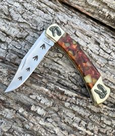 BUCK 110 ** YELLOWHORSE CUSTOM BALTIC AMBER T-REX FOLDING HUNTER