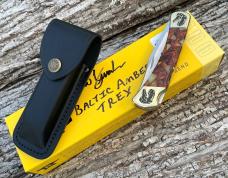 BUCK 110 ** YELLOWHORSE CUSTOM BALTIC AMBER T-REX FOLDING HUNTER