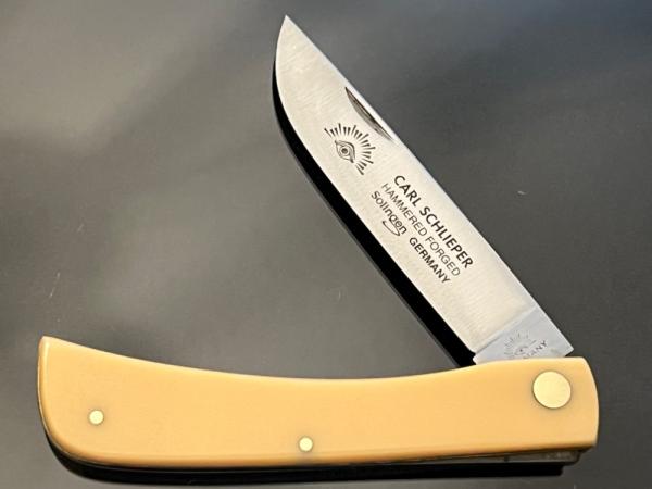 Vintage Original Carl Schlieper German Eye 4-3/4” Large Yellow Celluloid Sodbuster Knife NEW. 