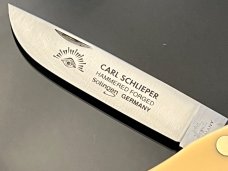 Vintage Original Carl Schlieper German Eye 4-3/4” Large Yellow Celluloid Sodbuster Knife NEW. 