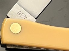 Vintage Original Carl Schlieper German Eye 4-3/4” Large Yellow Celluloid Sodbuster Knife NEW. 