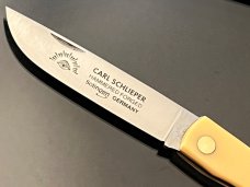 Vintage Original Carl Schlieper German Eye 4-3/4” Large Yellow Celluloid Sodbuster Knife NEW. 
