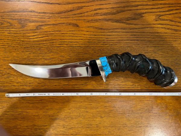 Nolen 11 1/4" Custom Recurve Trailing Point Hunting Knife w/Turquiose & Impala Horn Handle - RARE!!! Nolen 11 1/4" Custom Recurve Trailing Point Hunting Knife w/Turquiose & Impala Horn Handle - RARE!!!