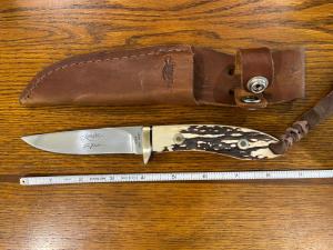 Junglee Tak Fukuta 8 3/8" Clip Point Hunting Knife w/Stainless Steel Blade & Stag Scales Japan