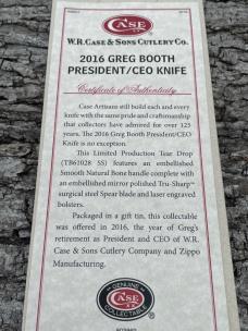 CASE XX ** 2016 NATURAL SMOOTH BONE GREG BOOTH PRESIDENT CEO TEAR DROP COA CASE XX ** 2016 NATURAL SMOOTH BONE GREG BOOTH PRESIDENT CEO TEAR DROP COA