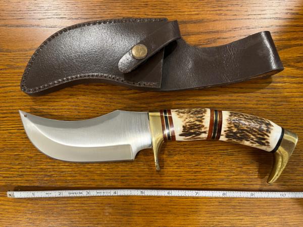 Custom 10" Trailing Point Hunting Knife w/Large Brass Guard & Pommel & Stag Handle Custom 10" Trailing Point Hunting Knife w/Large Brass Guard & Pommel & Stag Handle