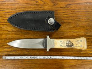 National Blade 6 1/2" Spear Point Excalibur Knife w/Scrimshaw Scales Japan