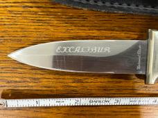 National Blade 6 1/2" Spear Point Excalibur Knife w/Scrimshaw Scales Japan National Blade 6 1/2" Spear Point Excalibur Knife w/Scrimshaw Scales Japan