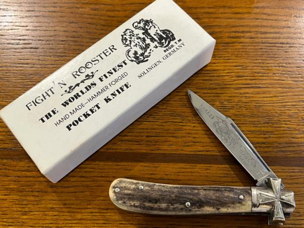 Fight'n Rooster Hazard "Shine Hauler" Single Blade Trapper Folding Knife w/Stag Scales SN#243 German Fight'n Rooster Hazard "Shine Hauler" Single Blade Trapper Folding Knife w/Stag Scales SN#243 German