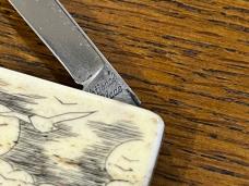 National Blade Money Clip Folding Knife w/Scrimshaw Saling Ship & Lighthouse Scale Japan National Blade Money Clip Folding Knife w/Scrimshaw Saling Ship & Lighthouse Scale Japan