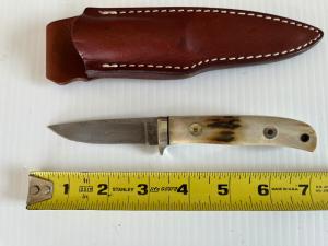 Tak Fukuta Drop Point Damascus Hunting Knife w/Smooth Stag Handle Japan #SM351 