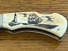 National Blade Little Humpback Scrimshaw Lockback Folding Knife Japan National Blade Little Humpback Scrimshaw Lockback Folding Knife Japan