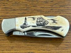 National Blade Little Humpback Scrimshaw Lockback Folding Knife Japan National Blade Little Humpback Scrimshaw Lockback Folding Knife Japan