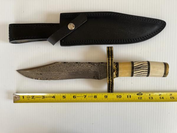 Custom Bowie Knife w/Damascus Blade & Smooth Bone Handle & Sheath Custom Bowie Knife w/Damascus Blade & Smooth Bone Handle & Sheath