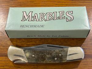 Marbles Benchmade Tak Fukuta Single-Blade Damascus Lockback Folding Knife w/Smooth Green Stag Scales