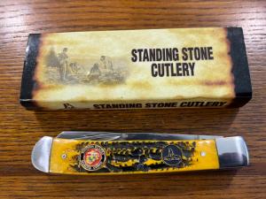 Standing Stone Cutlery SS0116SB Marines Trapper Folding Knife w/Jigged Orange Bone Scales