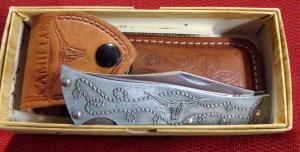 VINTAGE MINT IN BOX CAMILLUS  47 USA  SILVER SWORD LONGHORN FOLDING HUNTER WITH SHEATH 