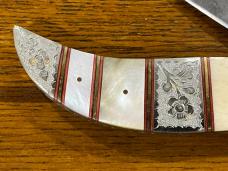 Custom Single Blade Damascus Folding Knife w/Inlaid Handle Custom Single Blade Damascus Folding Knife w/Inlaid Handle