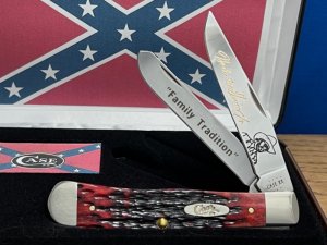 Case XX USA Hank Williams Jr.#001/050 Dark Crimson”Jigged”Bone Handle Trapper Knife,Deep Etch,NEW.