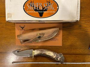 Silver Stag Gut-Hook Hunting Knife w/Crown Stag Handle