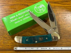 Hen & Rooster 232GPB 2-Blade Folding Knife w/Green Pick Bone Scales Germany