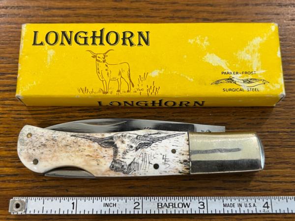 Parker-Frost #560 Longhorn Lockback Knife w/Longhorn Scrimshaw Bone Scales Japan Parker-Frost #560 Longhorn Lockback Knife w/Longhorn Scrimshaw Bone Scales Japan