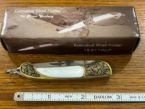 Frost Cutlery 18-211WLP Executive Shell Folder Knife w/Engraved Brass & MOP Scales