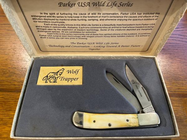 Parker-Edwards AW1423-2 Ltd Ed Wildlife Series Wolf Trapper Knife w/Smooth Bone Scales SN#531 Parker-Edwards AW1423-2 Ltd Ed Wildlife Series Wolf Trapper Knife w/Smooth Bone Scales SN#531
