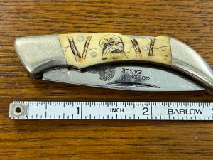 National Blade "Golden Eagle" Scrimshaw Single-Blade Clasp Lockback w/Ivory Bone Scales 
