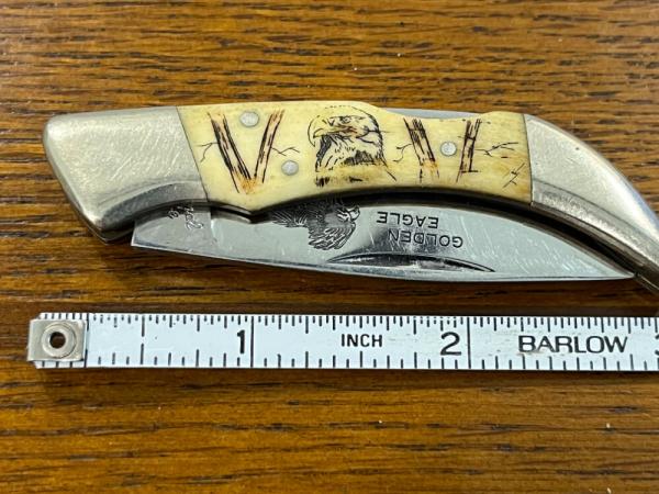 National Blade "Golden Eagle" Scrimshaw Single-Blade Clasp Lockback w/Ivory Bone Scales 