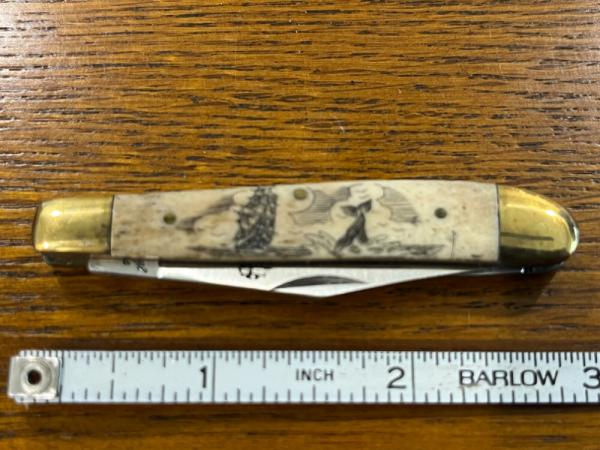 National Blade "Flying Cloud" Scrimshaw 2-Blade Copperhead Knife w/Ivory Bone Scales Japan