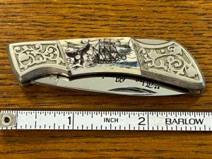 National Blade "The Mariner" Scrimshaw Clasp Lockback w/Ivory Bone Scales & Engraved Bolsters