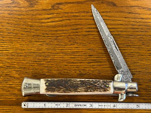 Falcon Folding Stilleto w/Damascus Blade & Stag Scales Italy 