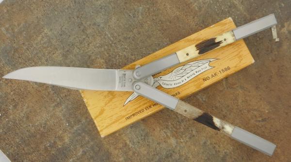 Parker Cut, Co. No1586 "GYPSY" ELK HORN Balisong Knife Surgical Steel Made in Japan Parker Cut, Co. No1586 "GYPSY" ELK HORN Balisong Knife Surgical Steel Made in Japan