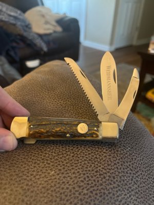 WEIDMANNSHEIL Super Fat & Gnarly Stag Handle Lockback With Three Blades Plus The Moose Sheild