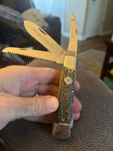 WEIDMANNSHEIL Super Fat & Gnarly Stag Handle Lockback With Three Blades Plus The Moose Sheild WEIDMANNSHEIL Super Fat & Gnarly Stag Handle Lockback With Three Blades Plus The Moose Sheild