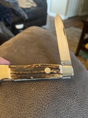 WEIDMANNSHEIL Fat & Gnarly 5" Long Closed Lockback With Push Lever In Blade Release And Moose Sheild