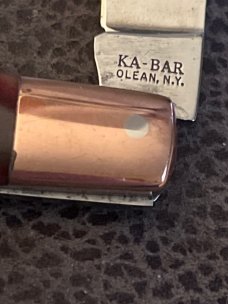 KA-BAR DOGHEAD OLEAN NEW YORK Root Beer Jigged Bone Handle Trapper With Brass Bolsters & Doghead 