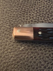 KA-BAR DOGHEAD OLEAN NEW YORK Root Beer Jigged Bone Handle Trapper With Brass Bolsters & Doghead 