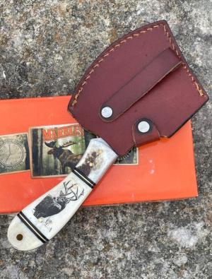 MARBLES ** NATURAL SMOOTH BONE DEER SCENE HATCHET W/SHEATH