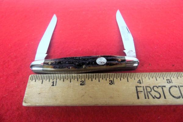 QUEEN CUTLERY CO TITUSVILLE #66 MUSKRAT AMBER BONE STAG TOOL STEEL MINT YR.UNKNOWN