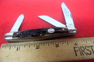 QUEEN CUTLERY CO TITUSVILLE #9 STOCKMAN 4" AMBER BONE STAG TOOL STEEL MINT YR.UNKNOWN