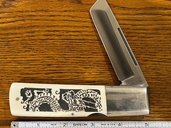 Gutmann 11-348 American Tanto Blade Folding Knife w/Engraved Bone Scales Japan 
